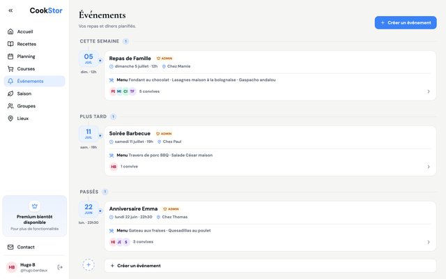 Évènement CookStor avec menu collaboratif et invités