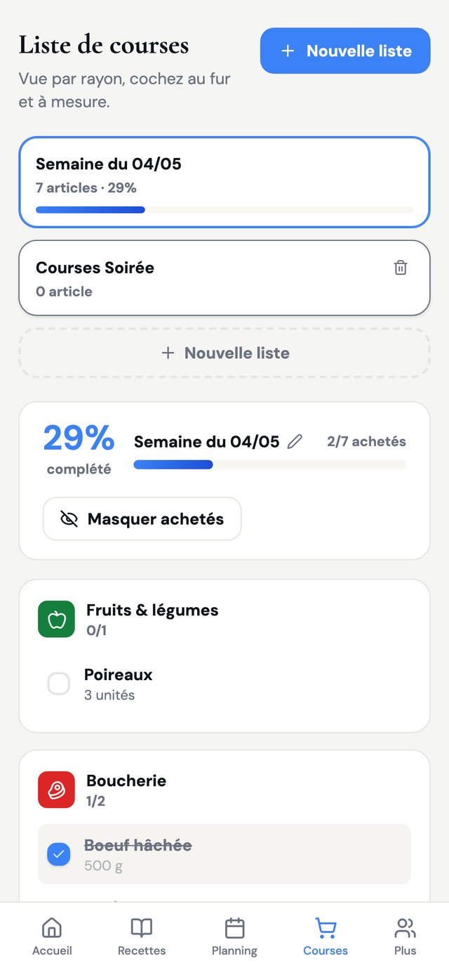 Liste de courses CookStor sur mobile, en magasin