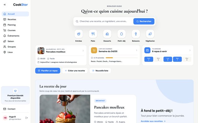 Tableau de bord CookStor avec recette du jour et tendances